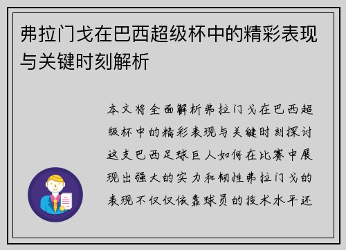 弗拉门戈在巴西超级杯中的精彩表现与关键时刻解析